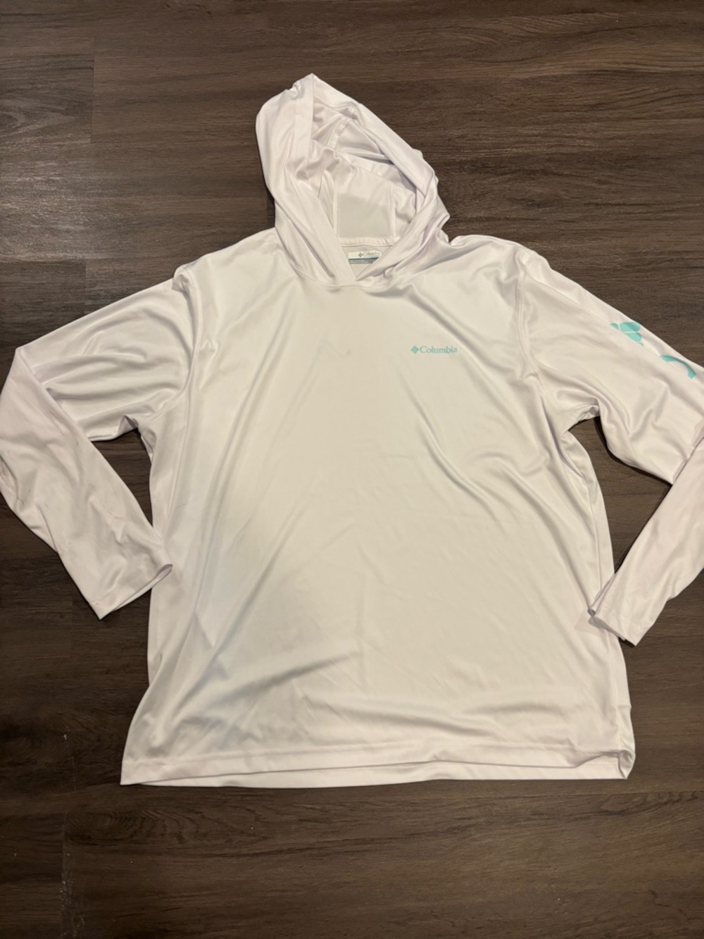 Columbia Men’s White Hooded Swim Rash Guard with Light Teal Logo